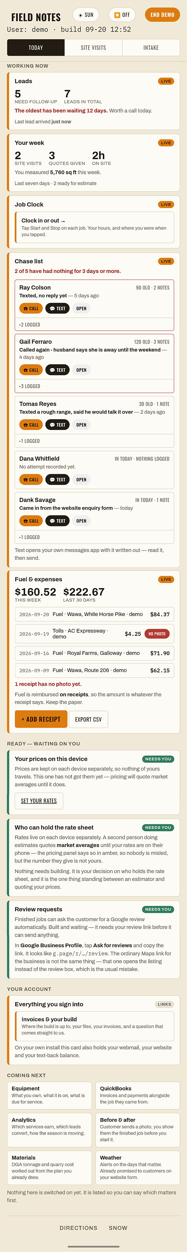 The Today screen, scrollable from leads through to the roadmap