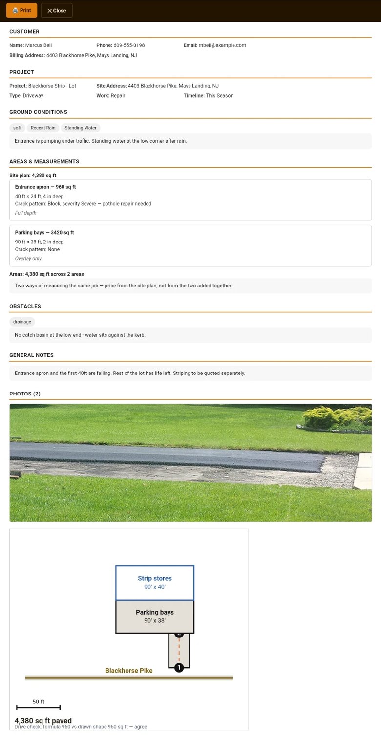 The printed job summary the customer receives